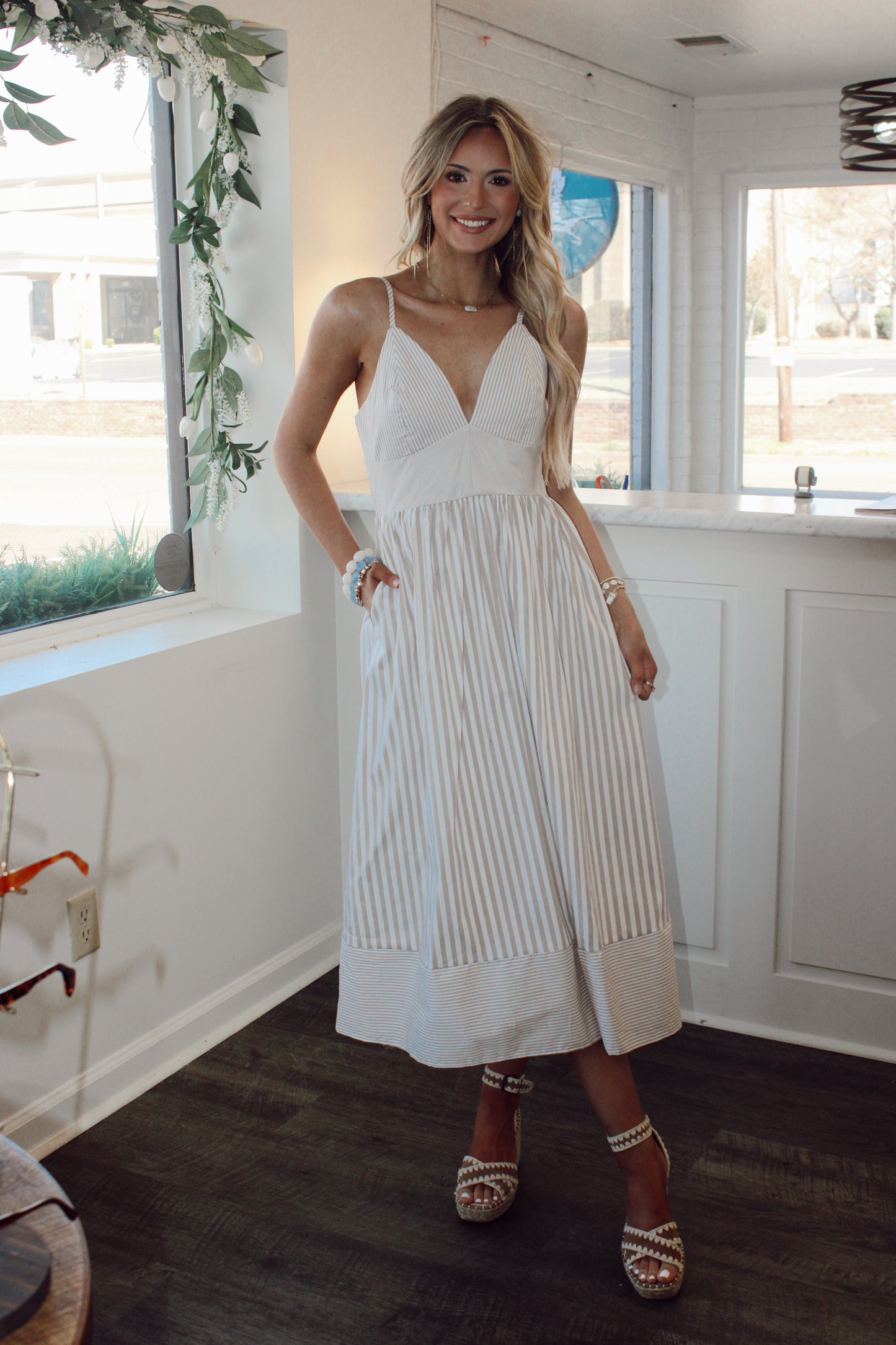 Darling Stripe V Neck Midi Dress