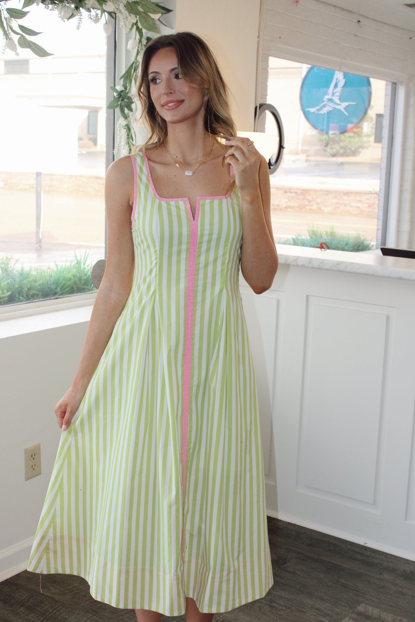 Caroline Striped Lime and Pink Maxi Dress