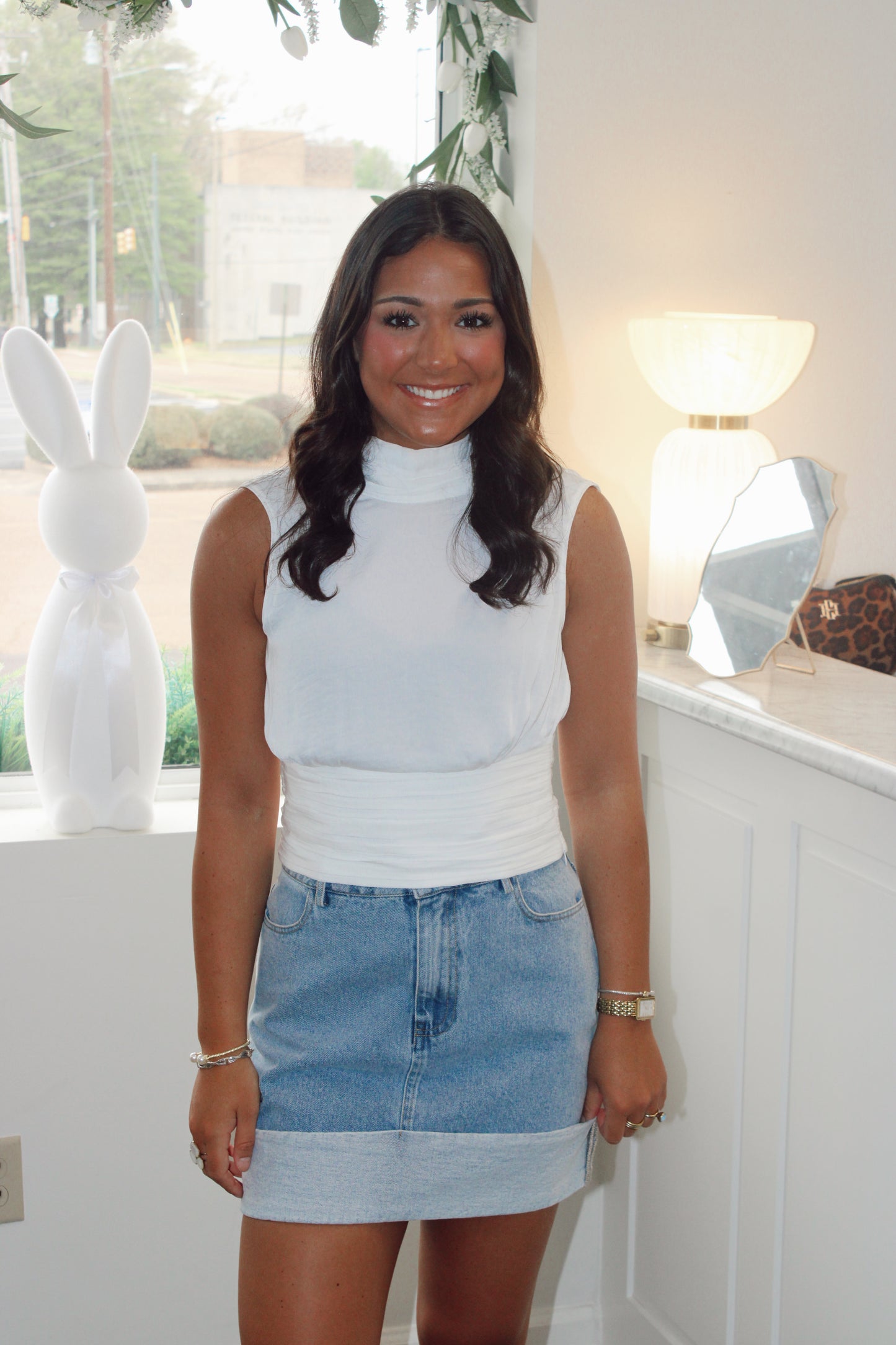 Mock Neck Satin Shirred Top