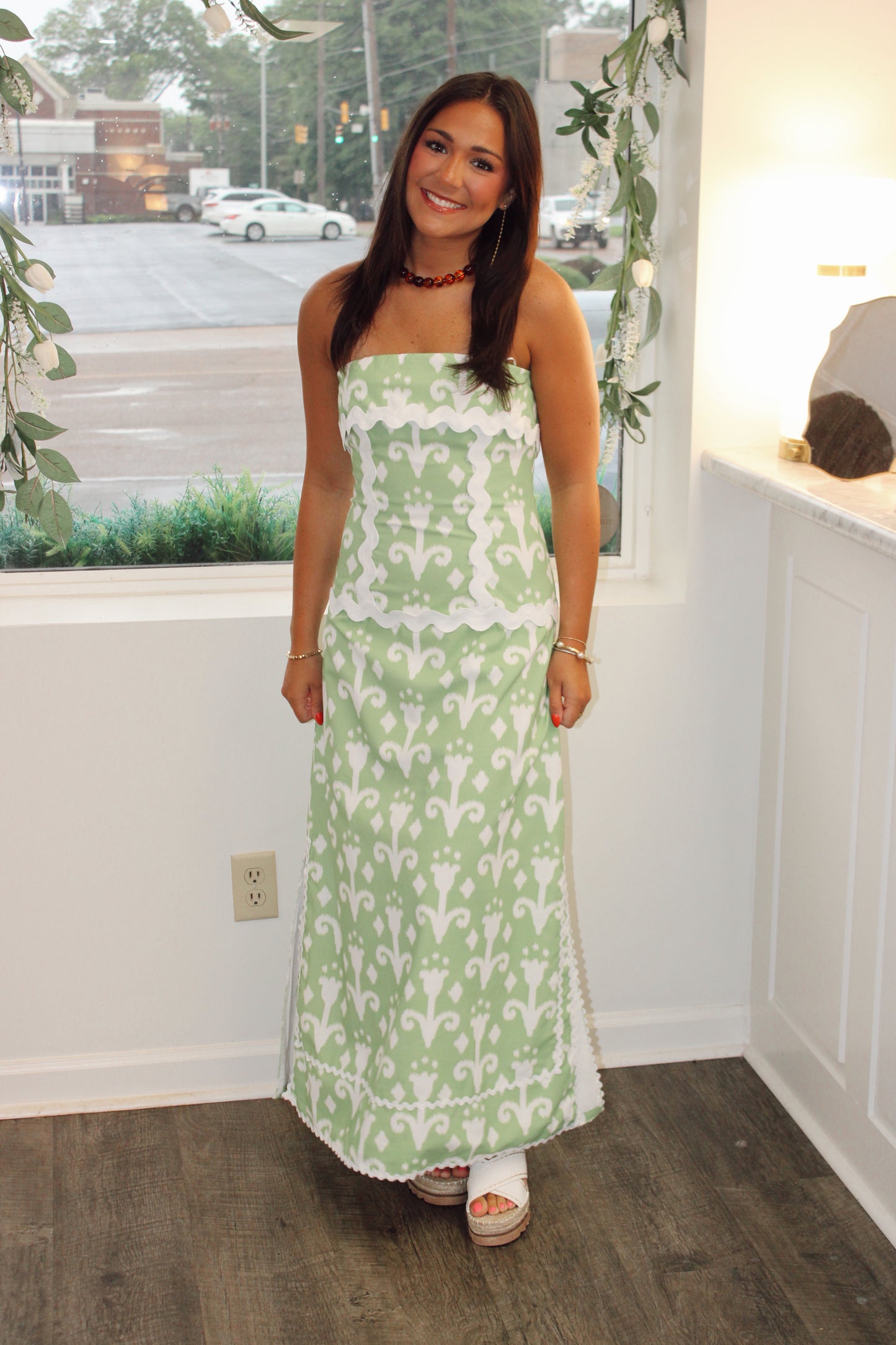Abstract Print Ric Rac Detail Strapless Maxi Dress