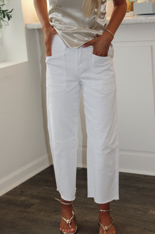 White High Rise Raw Hem Barrel
