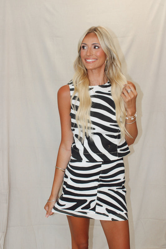 Zebra Print Sleeveless Peplum Top and Skirt Set
