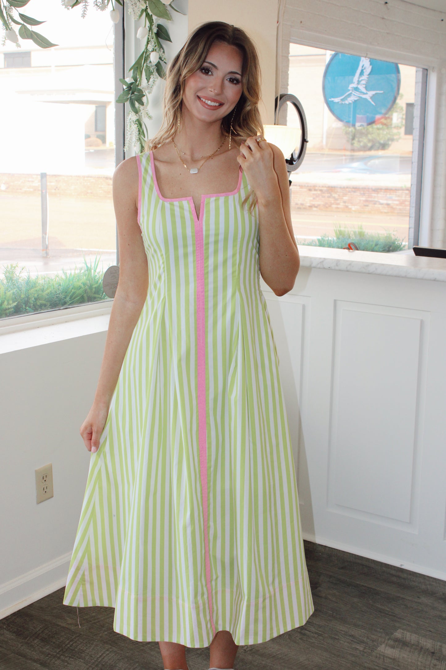 Caroline Striped Lime and Pink Maxi Dress