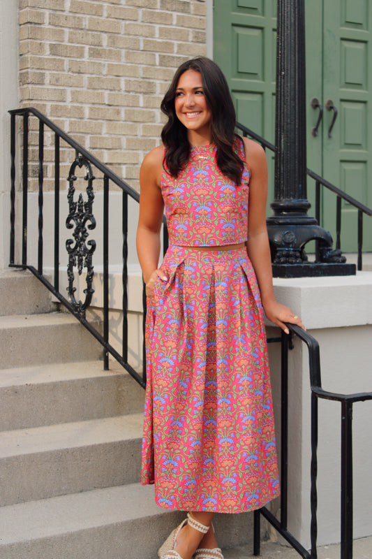 Side Zipper Pleated Detail Floral Midi Skirt