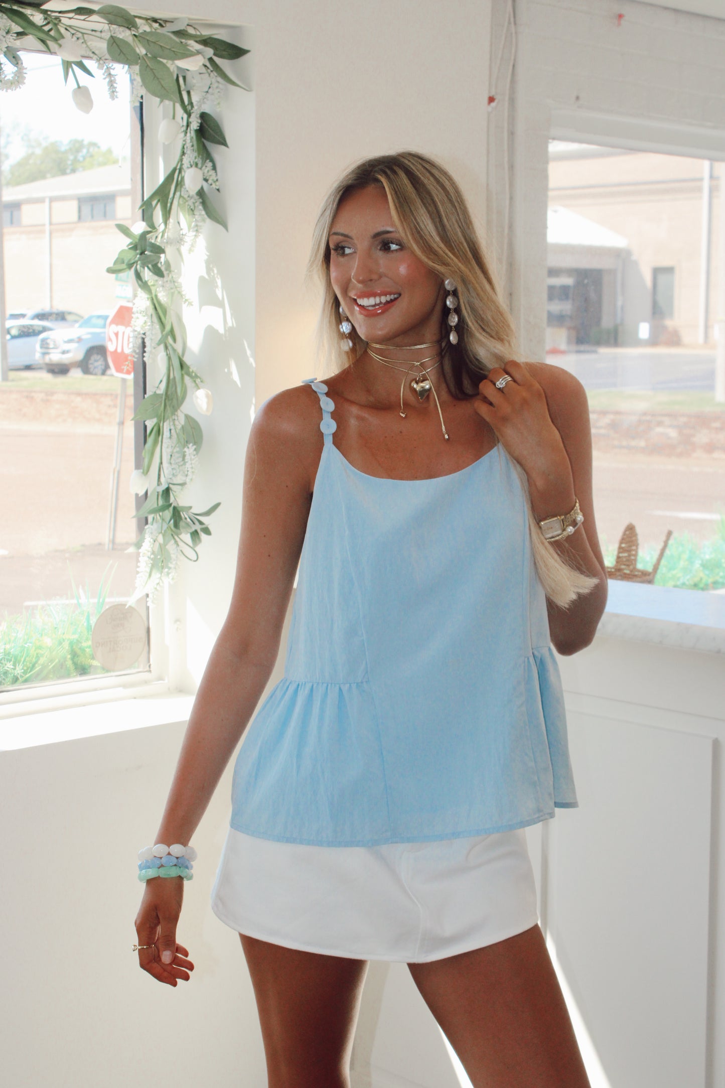 Button Detail Ruffle Tank Top