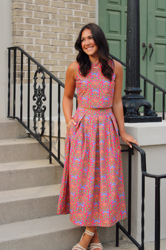 Side Zipper Pleated Detail Floral Midi Skirt