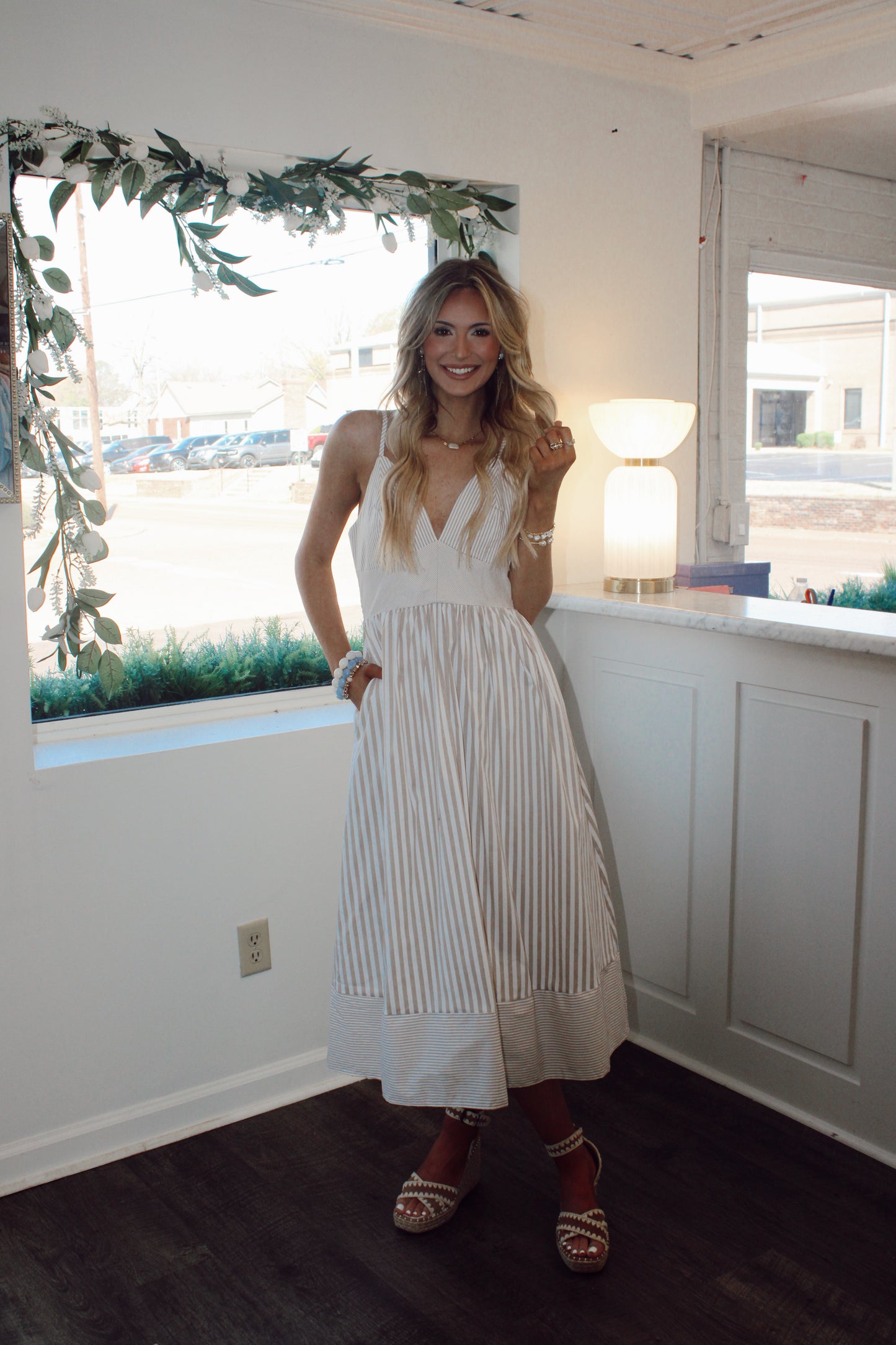 Darling Stripe V Neck Midi Dress