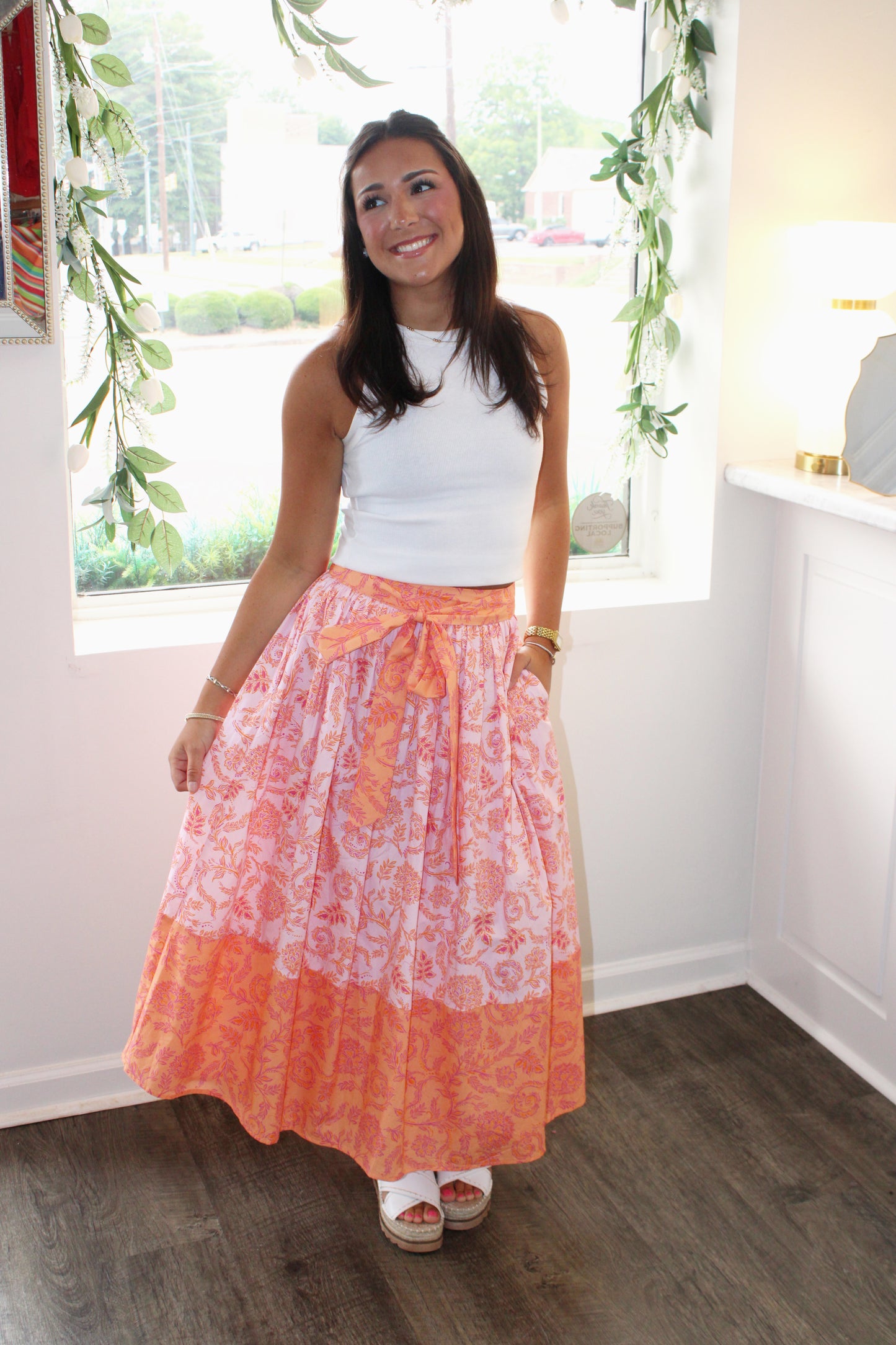 Blair Floral Border Tie Waist Midi Skirt