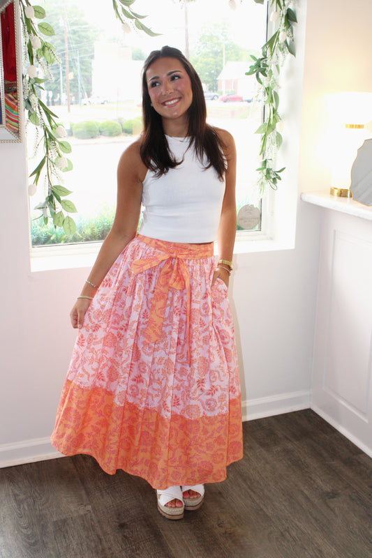 Blair Floral Border Tie Waist Midi Skirt