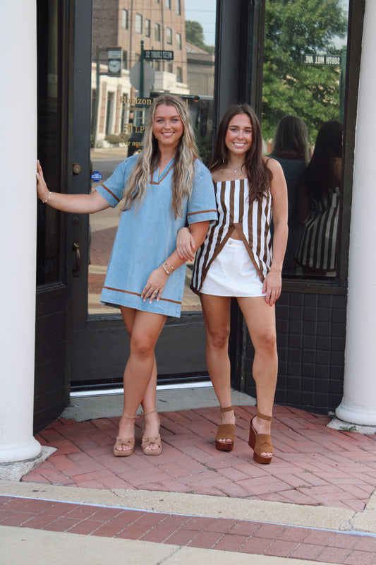 Mary Washed Denim V-Neck Mini Dress with Contrast