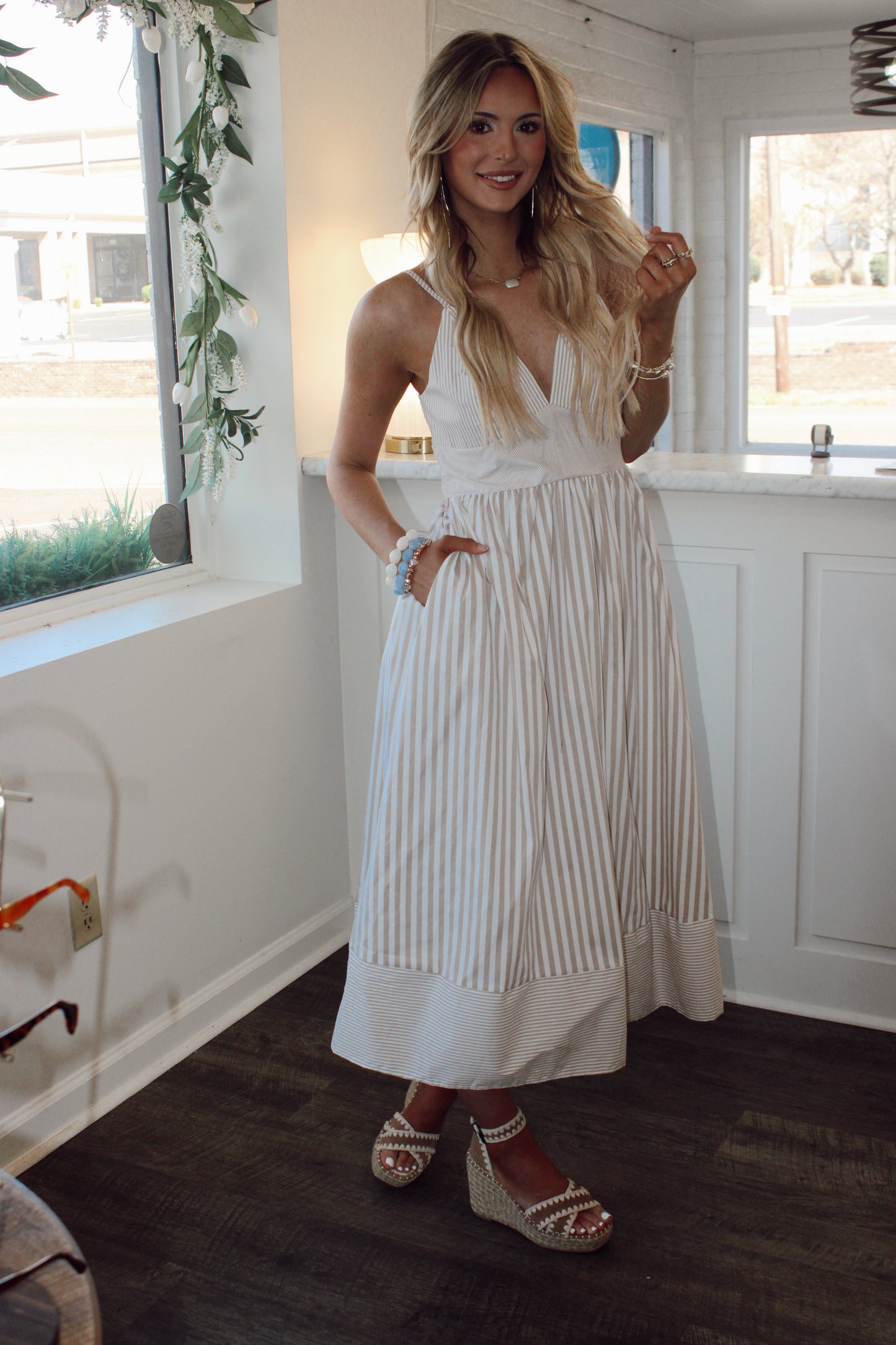 Darling Stripe V Neck Midi Dress