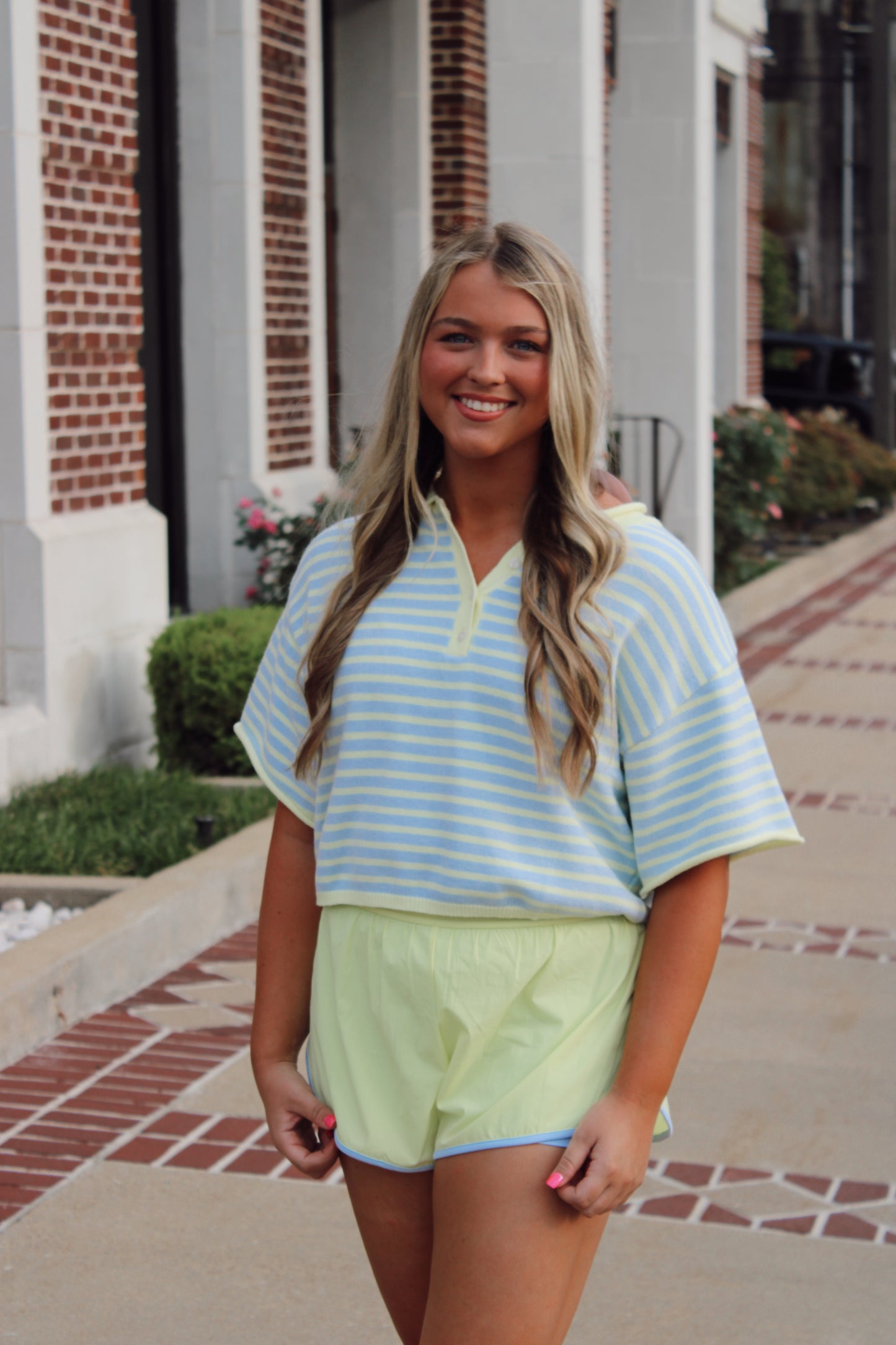Jamie Striped Knit Henley in Blue Lemonade