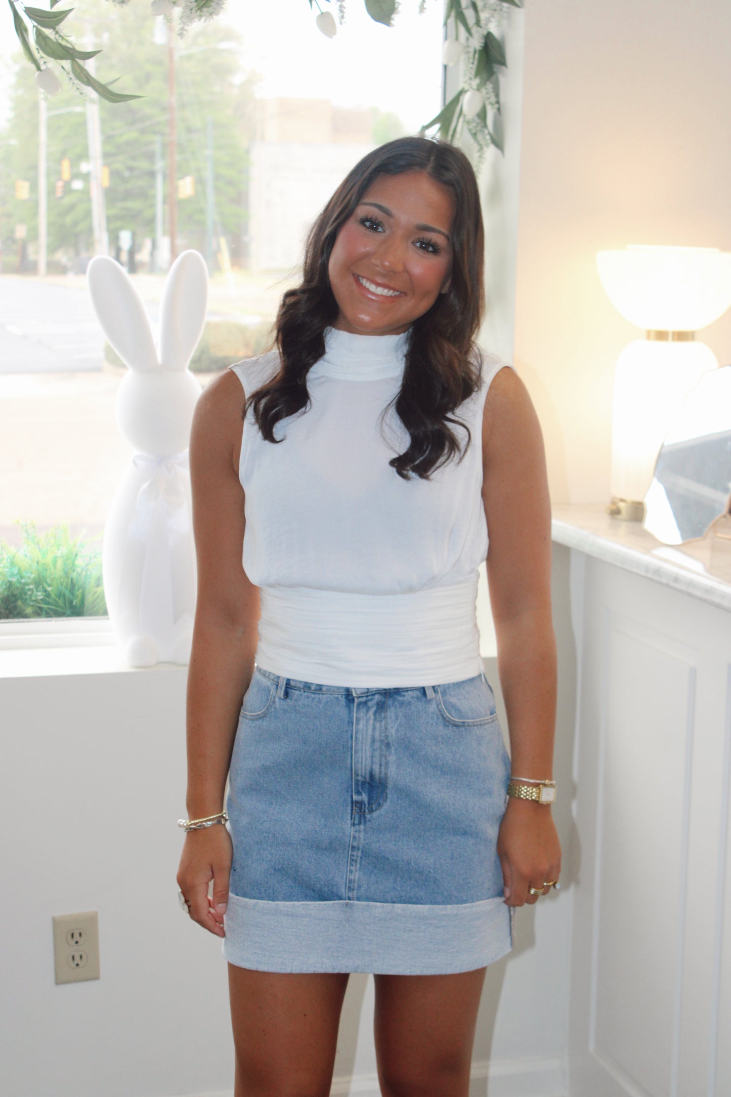 Mock Neck Satin Shirred Top