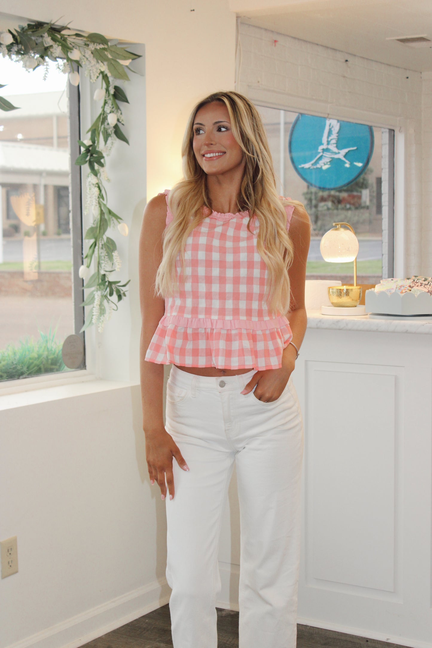 Gingham Ruffle Tiered Peplum Top- Pink And Blue