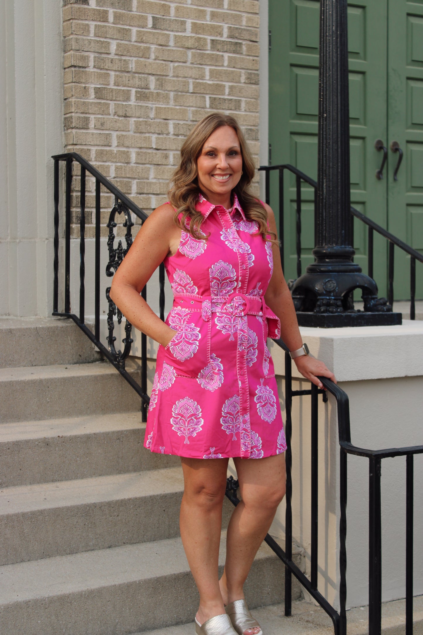 Daytime Darling Damask Print Contrast Stitch Trim Shirt Dress
