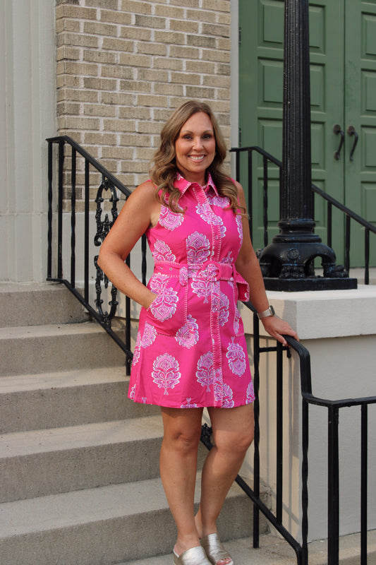 Daytime Darling Damask Print Contrast Stitch Trim Shirt Dress