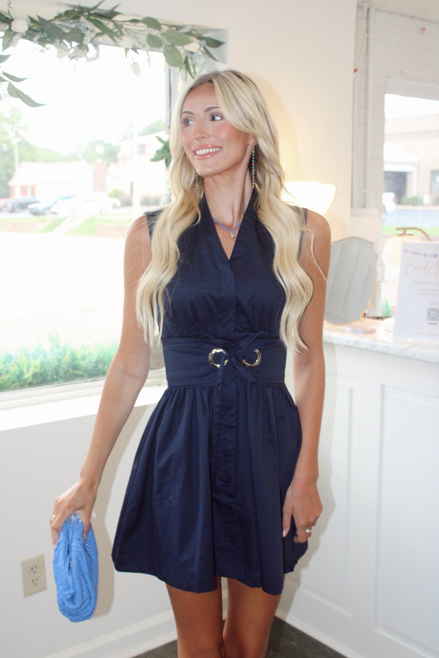 Jamie Sleeveless Fit & Flare Waist Belt Mini Dress
