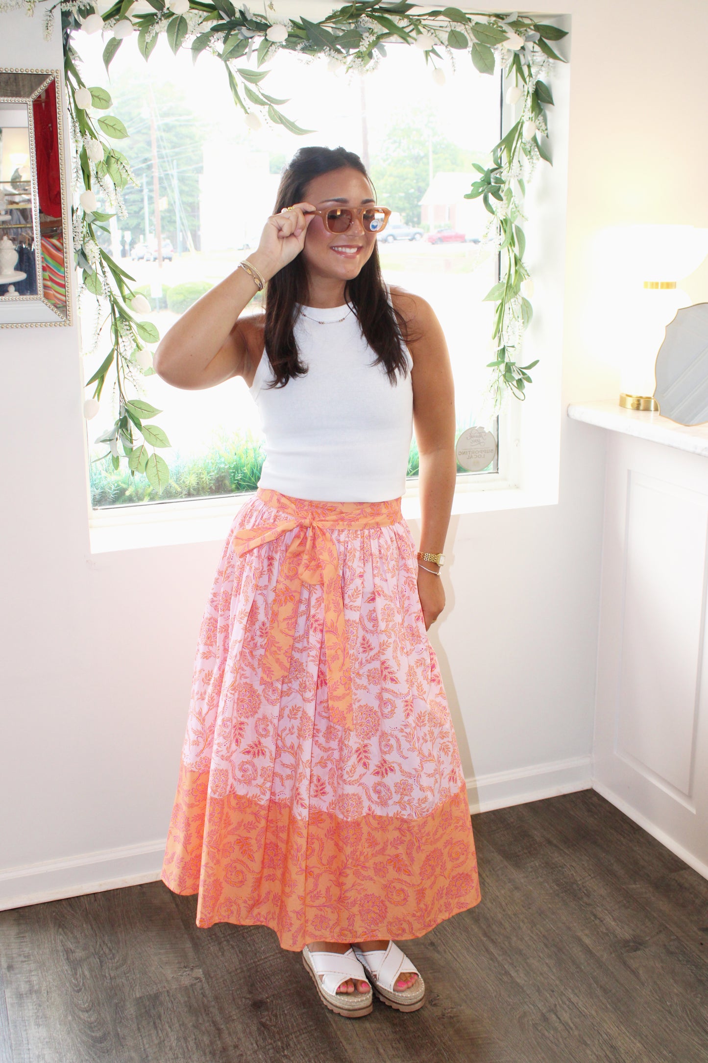 Blair Floral Border Tie Waist Midi Skirt