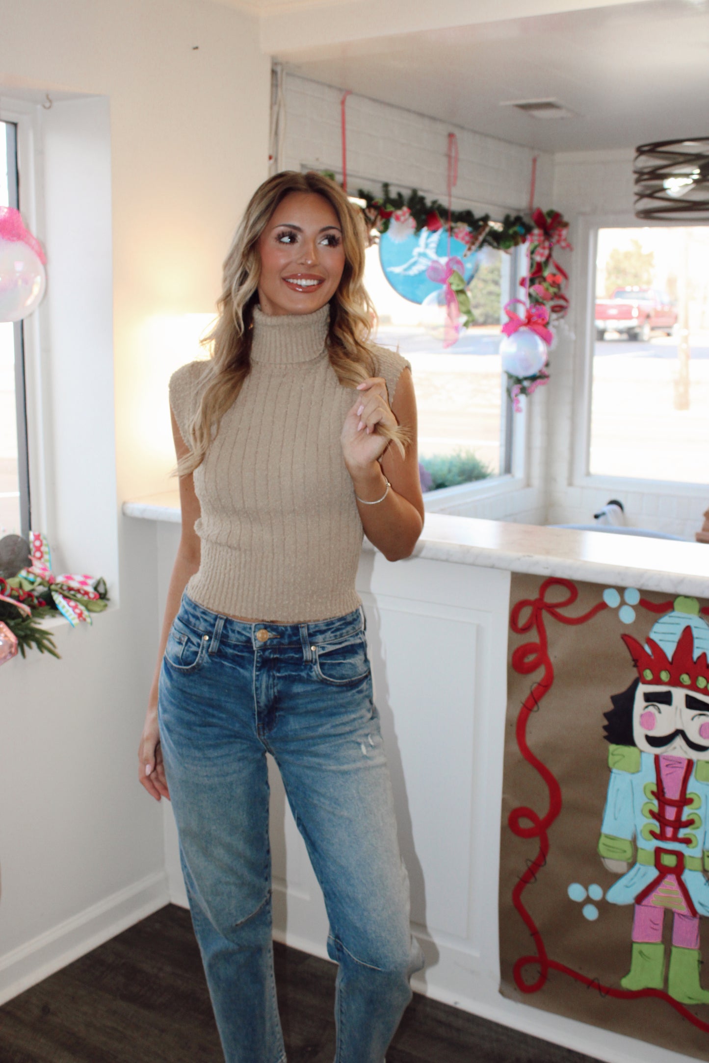 Sleeveless Ribbed Knit Turtleneck Sweater
