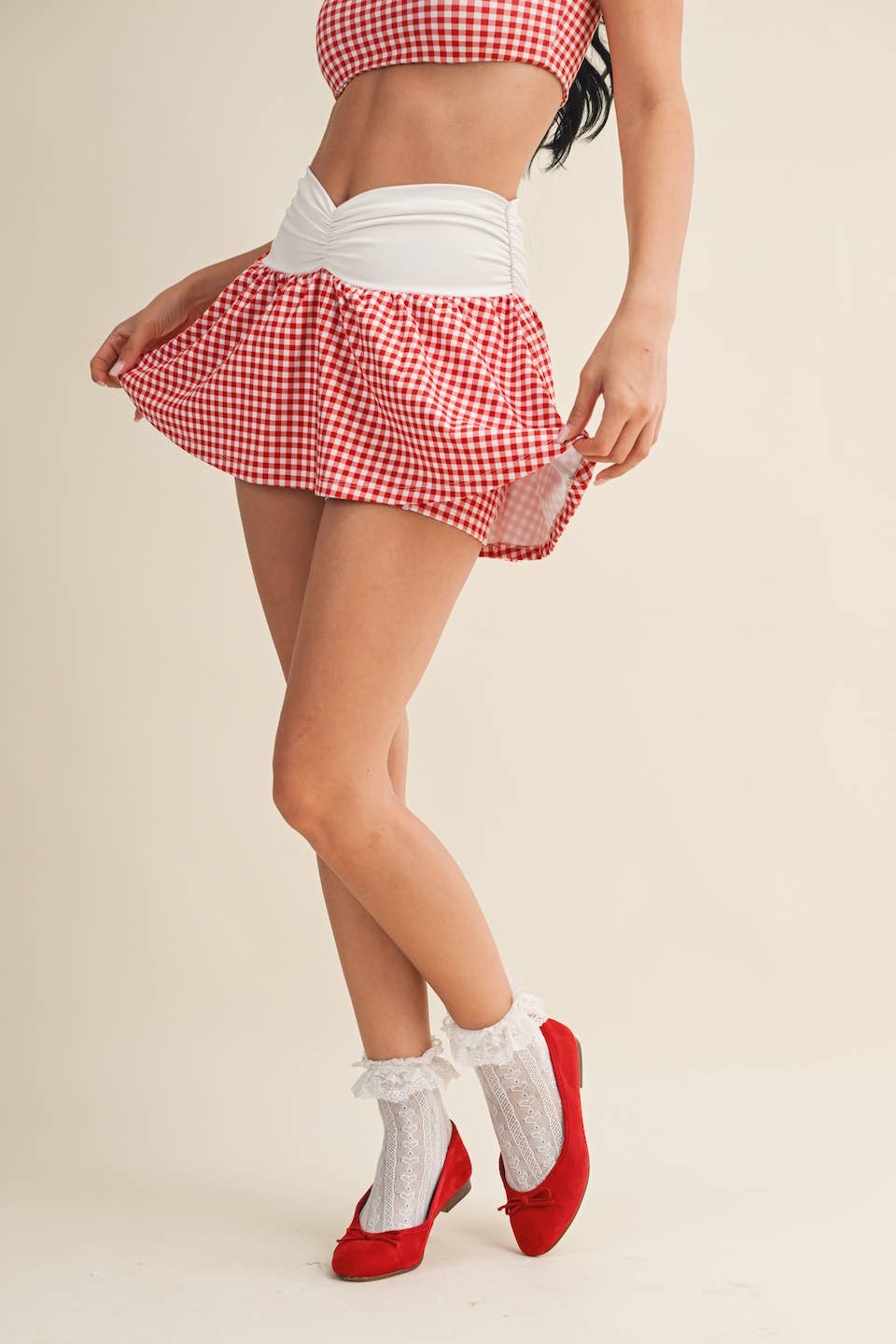 Gingham Print Ruched Waistband Mini Skort