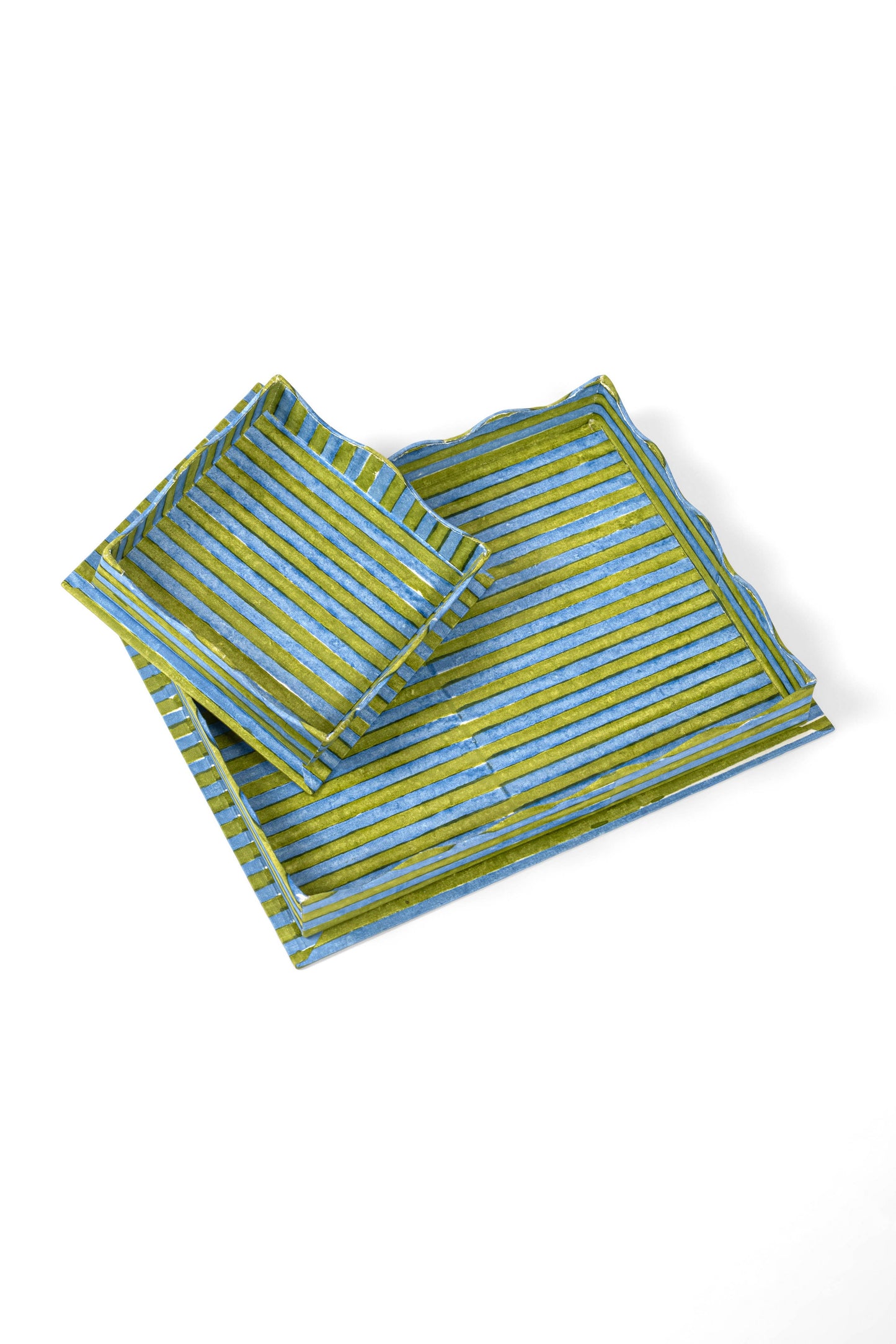 Nesting Scalloped Stripes Blockprint Trays in Green Blue