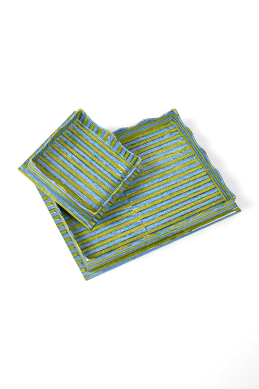 Nesting Scalloped Stripes Blockprint Trays in Green Blue