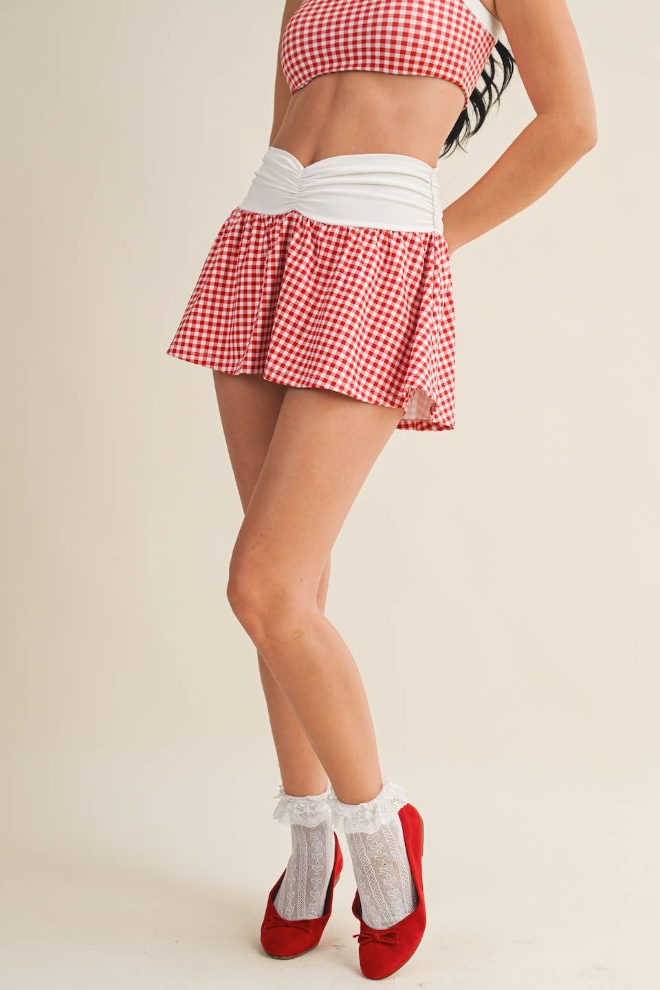 Gingham Print Ruched Waistband Mini Skort