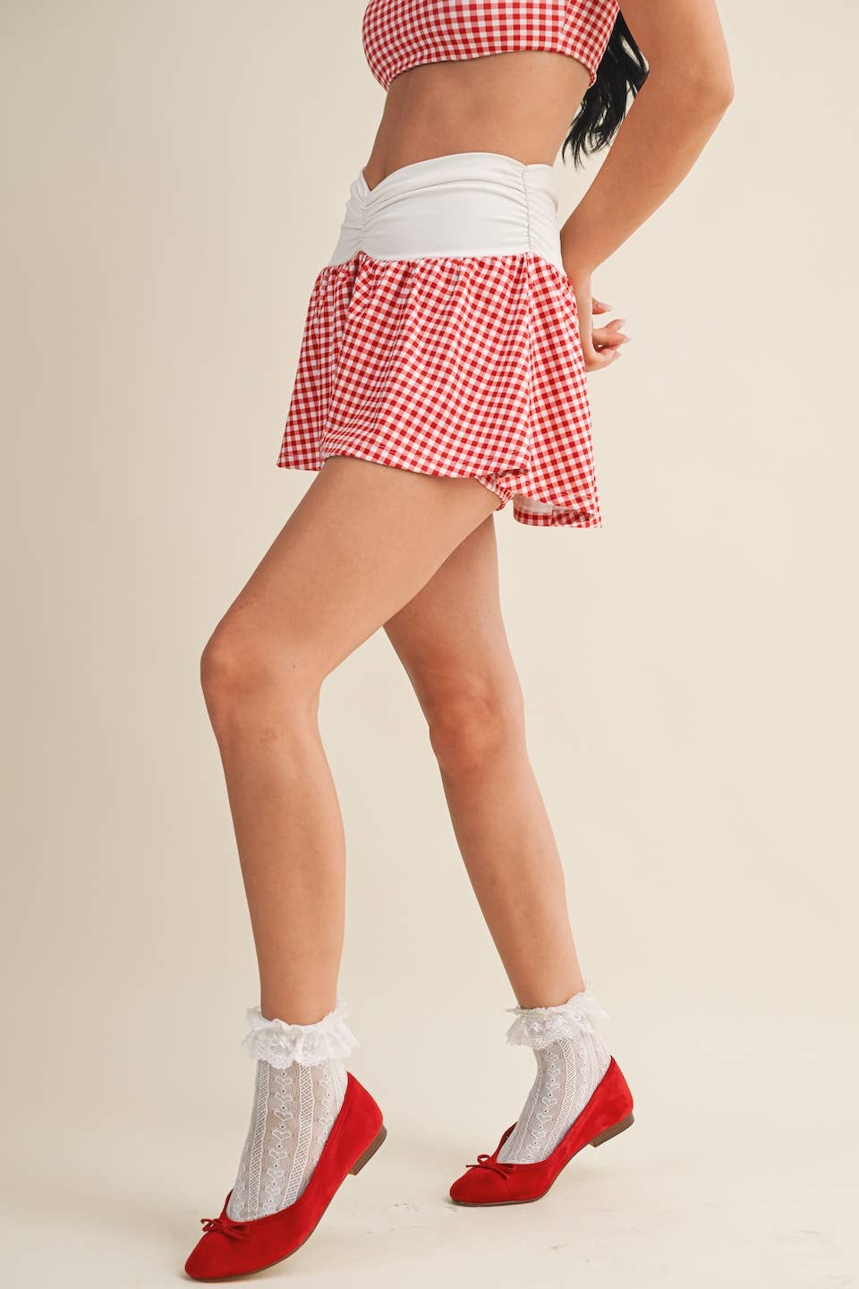 Gingham Print Ruched Waistband Mini Skort