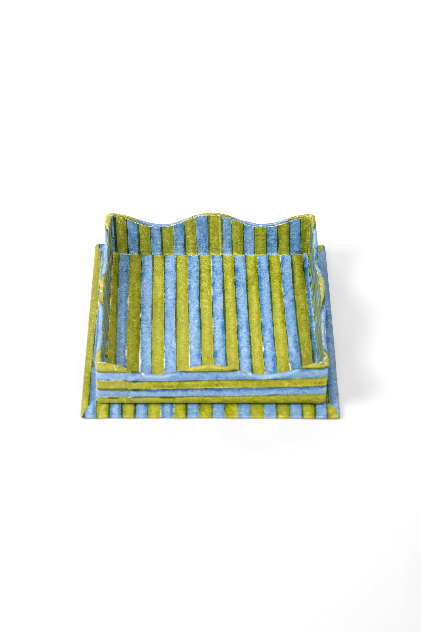 Nesting Scalloped Stripes Blockprint Trays in Green Blue