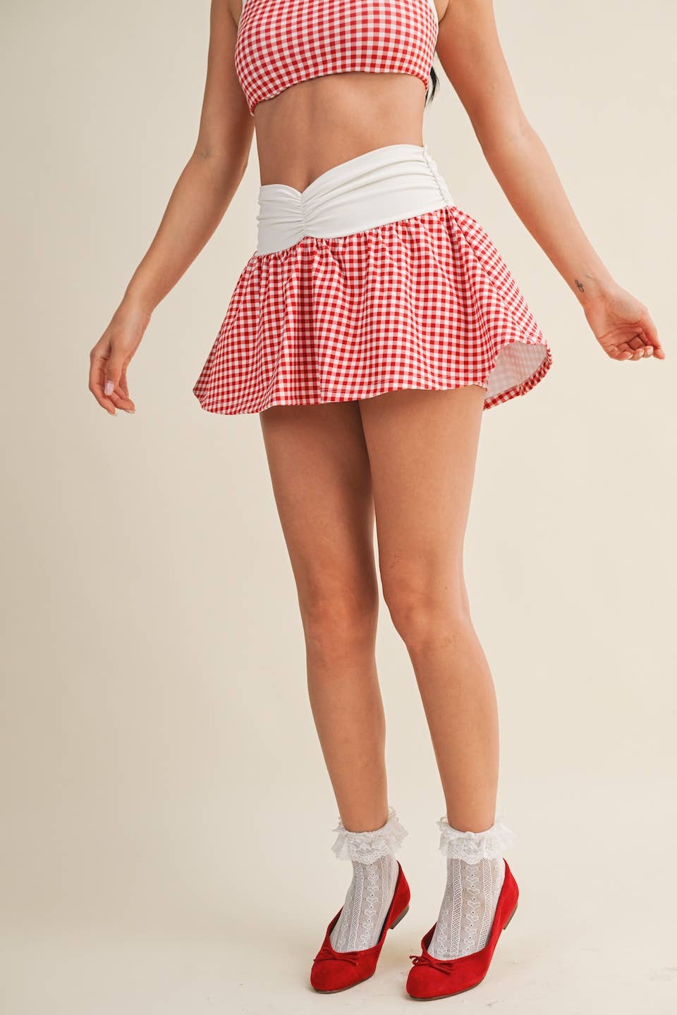 Gingham Print Ruched Waistband Mini Skort